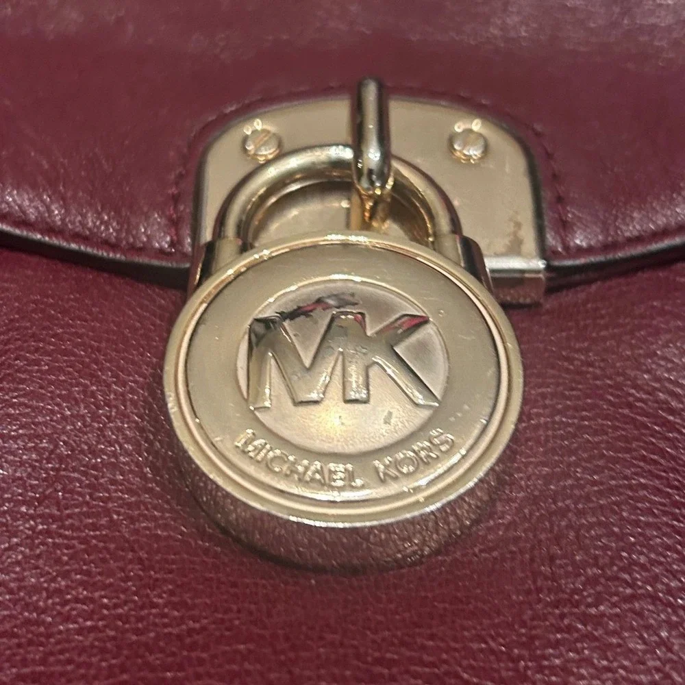 Michael Kors Hamilton Maroon Leather Lock Top Handle Zipper Satchel Shoulder Bag